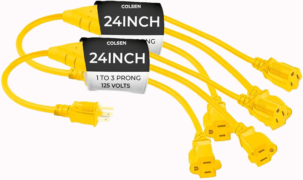 COLSEN 3 Way Yellow Extension Cord Splitter Outdoor, 3 Prong (2 pack)