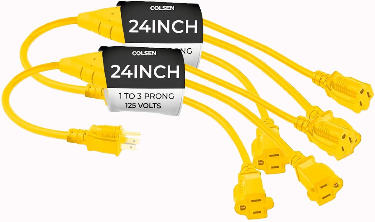 COLSEN 3 Way Yellow Extension Cord Splitter Outdoor, 3 Prong (2 pack)