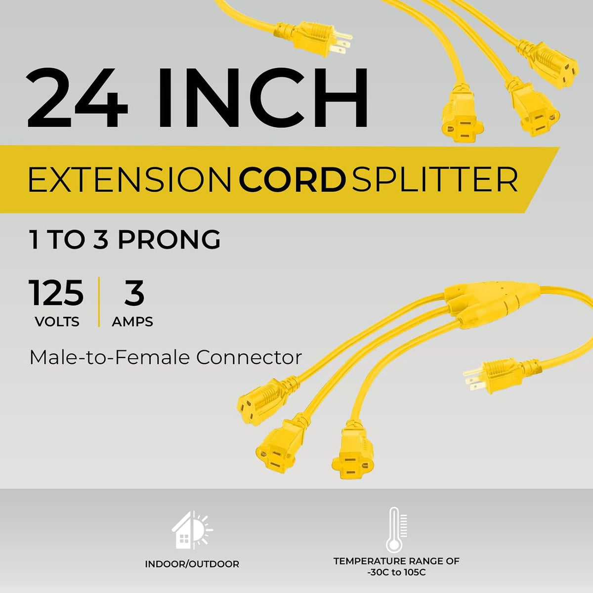 COLSEN 3 Way Yellow Extension Cord Splitter Outdoor, 3 Prong (2 pack)