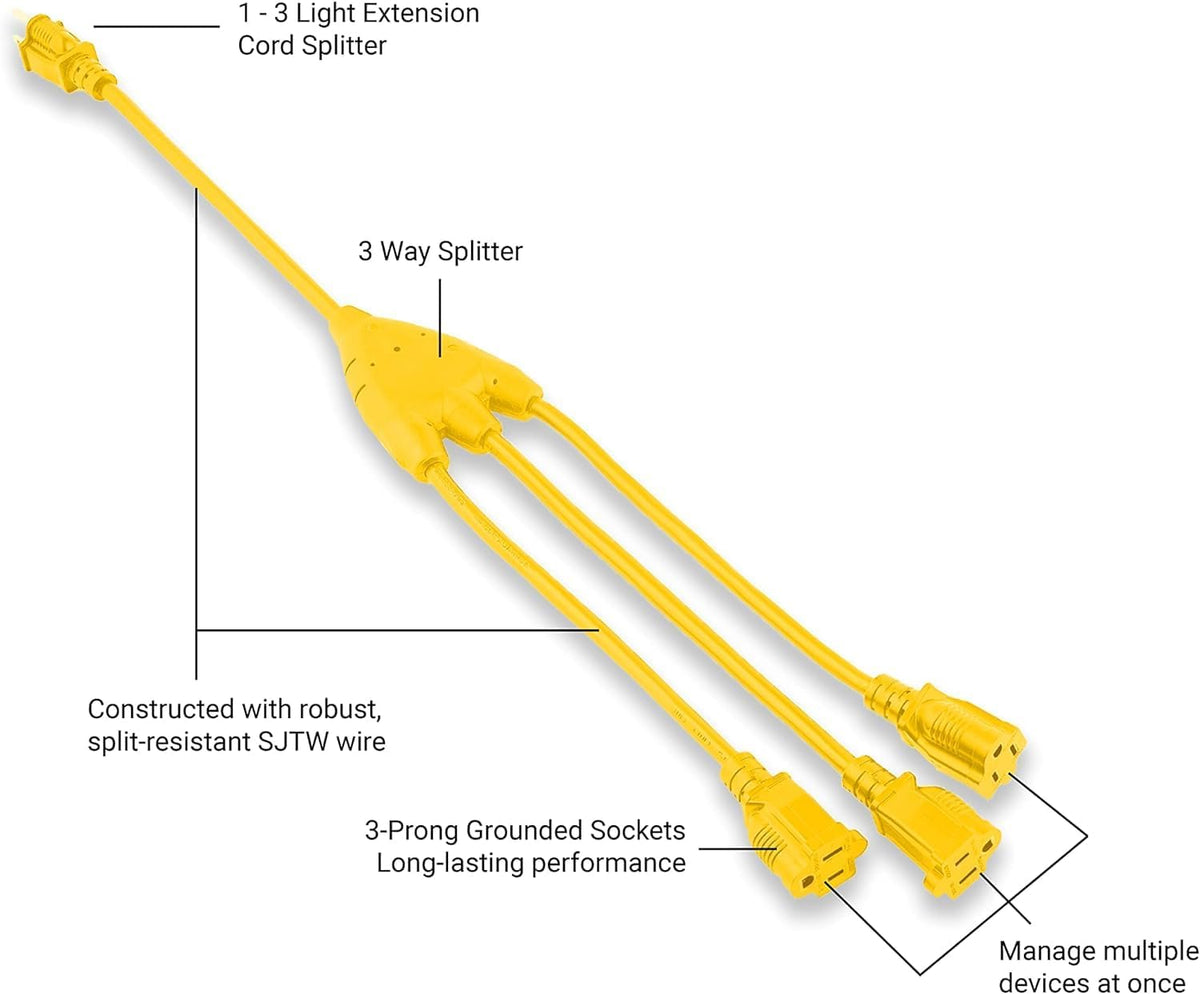 COLSEN 3 Way Yellow Extension Cord Splitter Outdoor, 3 Prong (2 pack)