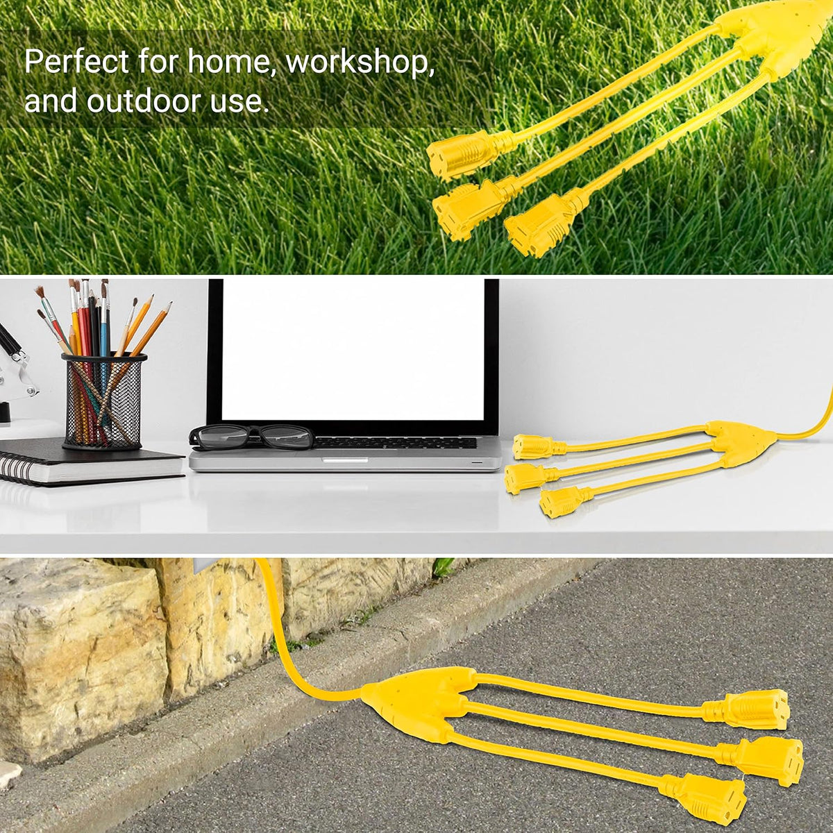 COLSEN 3 Way Yellow Extension Cord Splitter Outdoor, 3 Prong (2 pack)